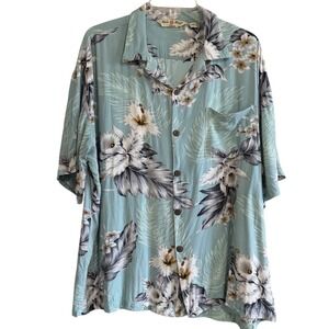 Hula Hula Hawaii Mens Large Blue Floral Rayon Aloha Shirt Coconut Buttons